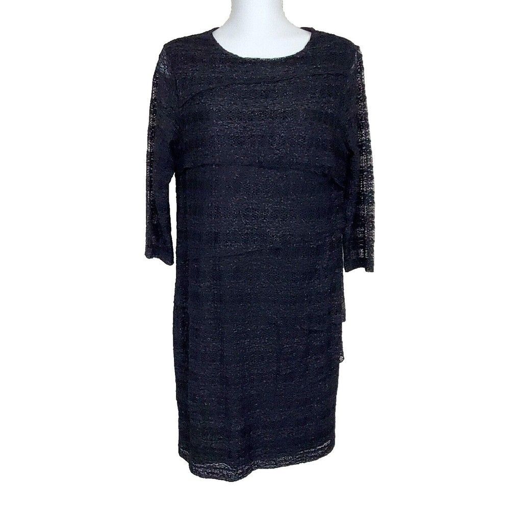 Chicos Dress 1 Medium Petite Black Metallic Shimmer Tiered Layered Lace Lined